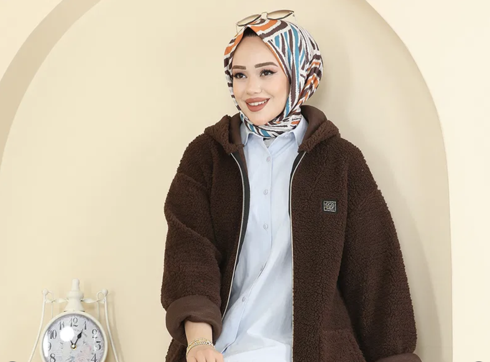 Cep Detaylı Peluş Kahverengi Uzun